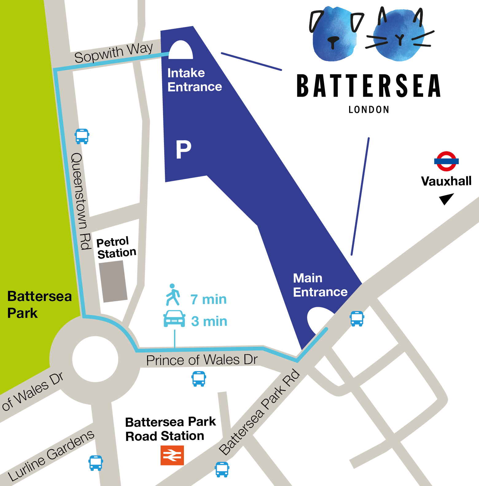 The main entrance to the site is on 4 Battersea Park Road across from the bus stop
