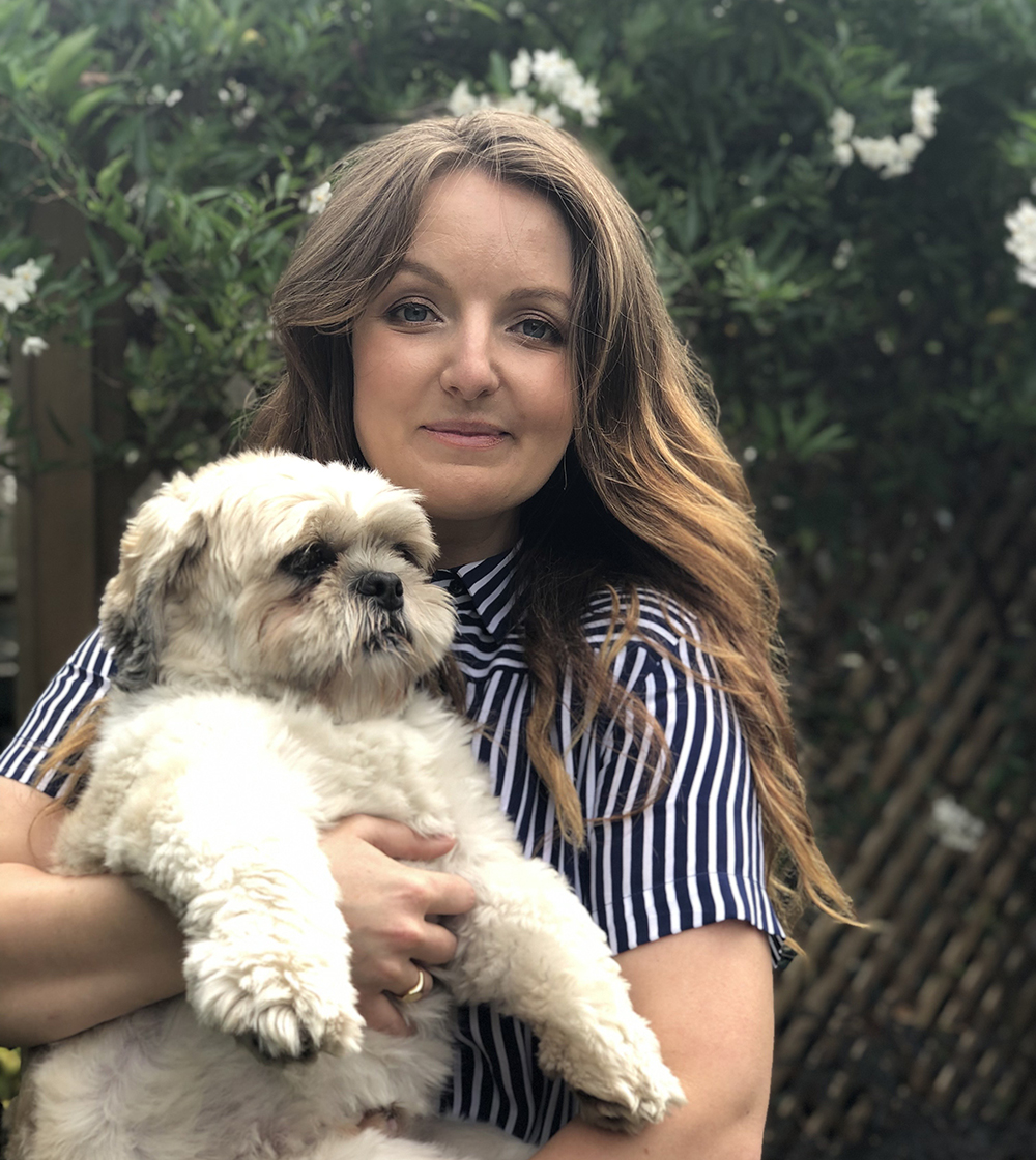 Author, Kate Leaver, and ex-Battersea dog Bertie